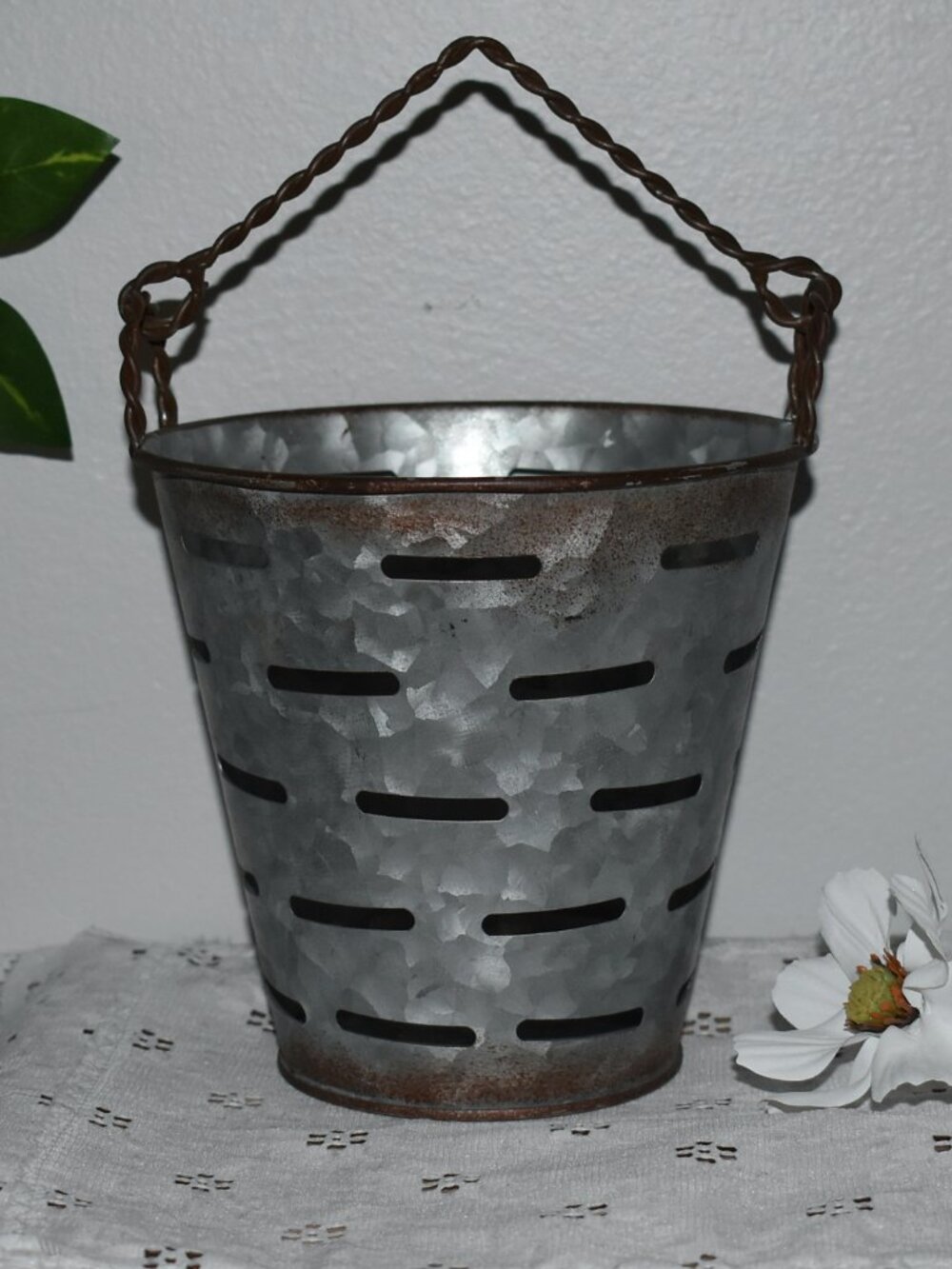 Vintage Antique Rustic Country Farmhouse Galvanized Metal Olive Bucket Decor